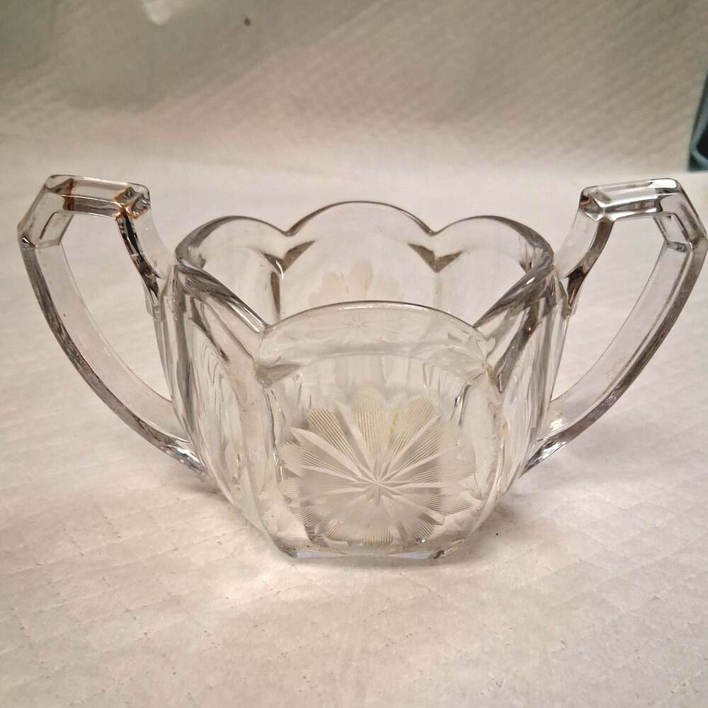 Vintage Cut and Etched Crystal Double Handle Sugar Bowl with Starburst Pattern